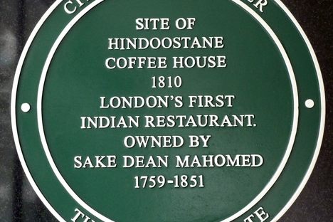 Plaque honoring Mahomed on the site of the Hindoostane Coffee House