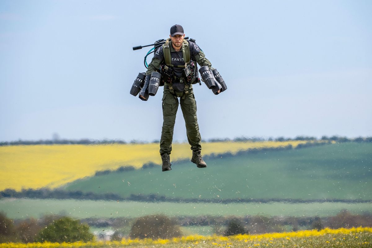 Richard Browning, the founder of Gravity Industries, takes flight in his body-controlled jet-powered suit at Old Sarum Airfield in Salisbury, England.