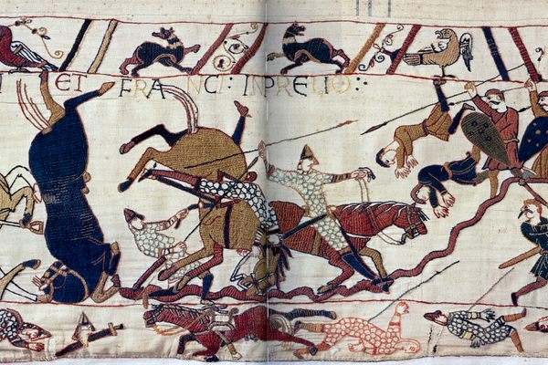 The Norman cavalry charge being met with Anglo Saxon spearmen.