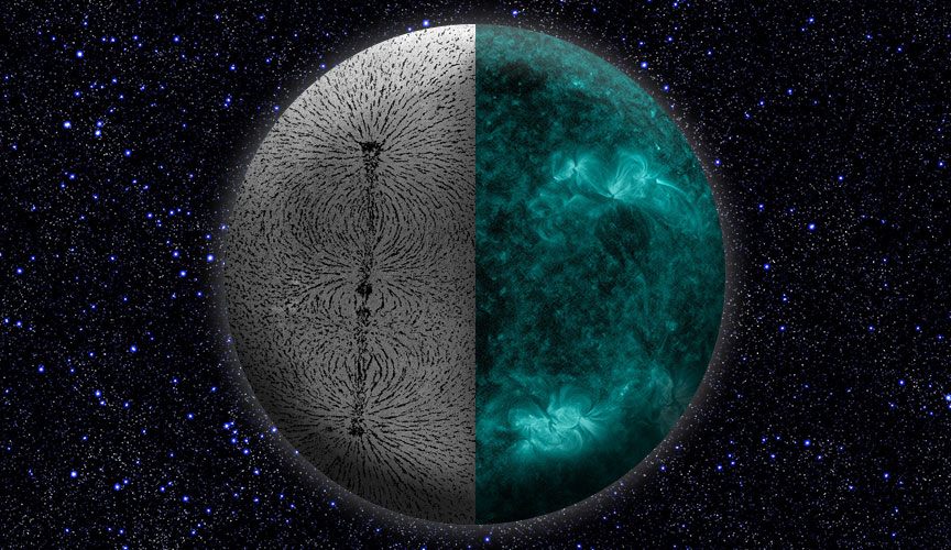 Michelle Nichols, of Chicago's Adler Planetarium, often draws parallels between sunspots (right) and the phenomenon of iron filings moving under a magnet (left).