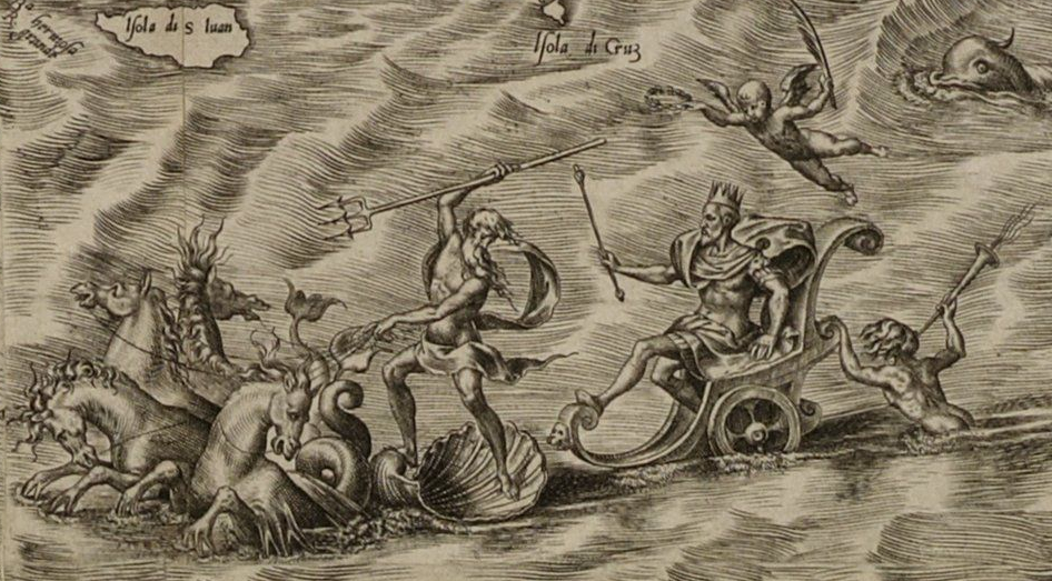 King Phillip II riding a carriage behind Poseidon.