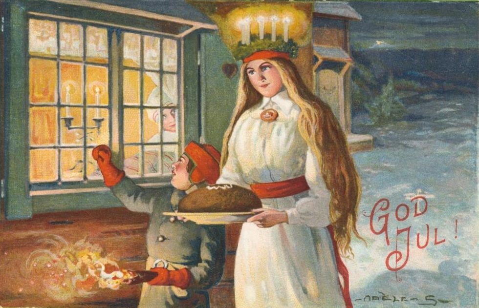 A Swedish Christmas Card showing St Lucia in the snow.