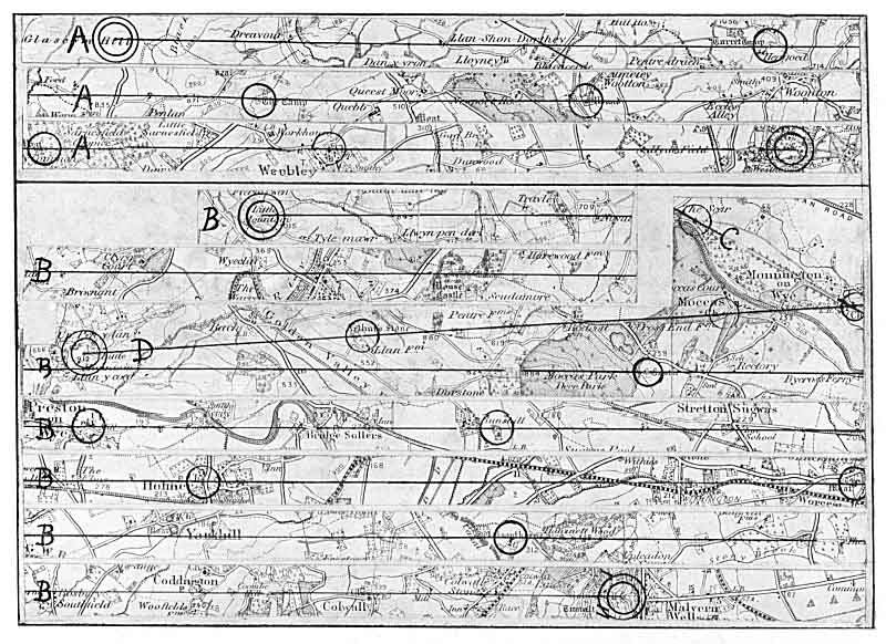 A map of two leys, drawn by Alfred Watkins in 1922's <em>British Trackways, Moats, Mounds, Camps and Sites</em>.