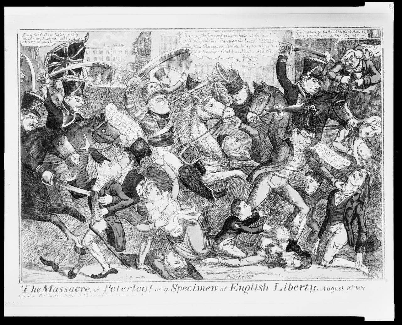 This print depicts the Peterloo Massacre, which took place in Manchester, England, in 1819. As the cavalry rides into the crowd, killing 15, someone reads the Riot Act (top right).
