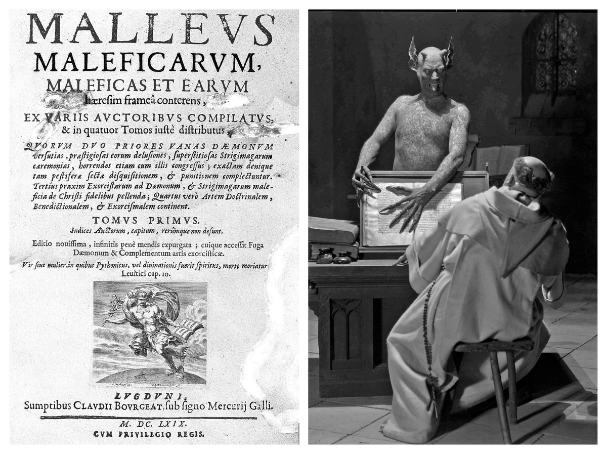 A 17th-century printing of the infamous medieval witch-hunting manual <em>Malleus Maleficarum</em>, which inspired <em>Häxan</em> creator Benjamin Christensen (left);  Christensen appears as Satan in the 1922 documentary.