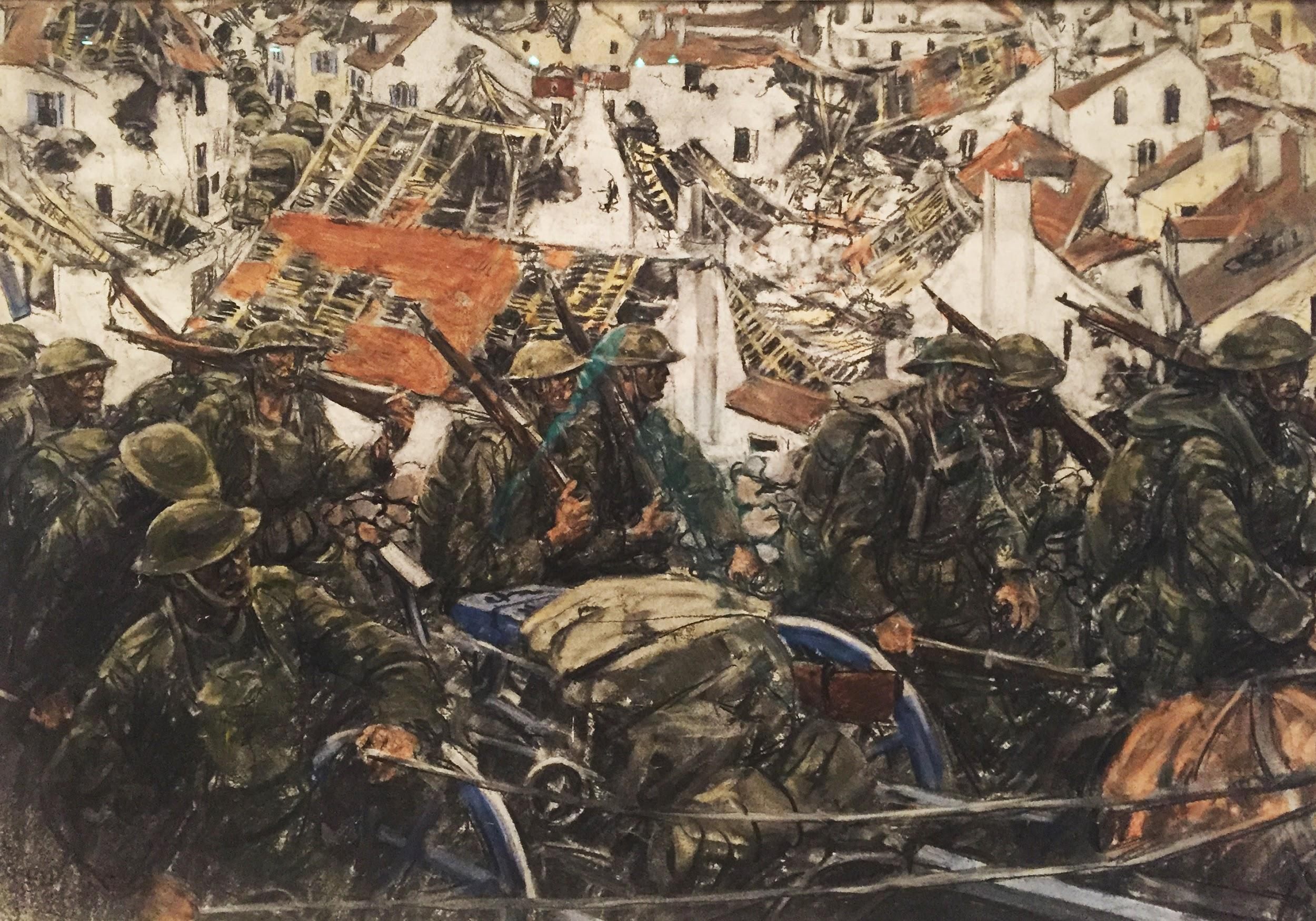 “Going into position through a ruined town,” by Harvey Thomas Dunn.