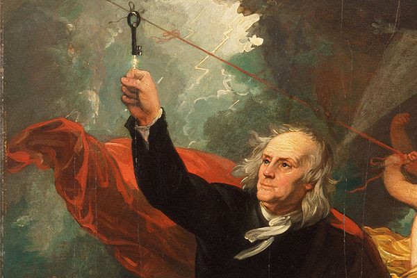 Franklin flies his fateful kite–while angels that look suspiciously his younger self repeat some of his earlier electrical experiments in the background.