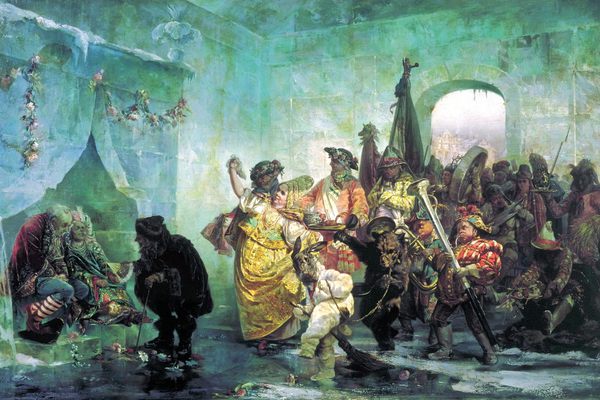Russian painter Valery Jacobi's 1878 Ice House depicts the jester, Mikhail Golitsyn, and the Kalmyk woman, Avdotia Buzheninova, being paraded to their icy bed chamber. 