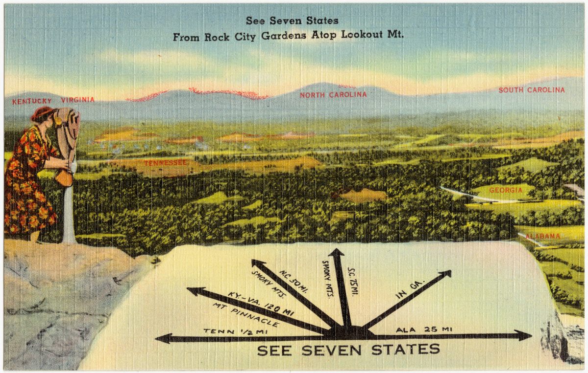 A mid-twentieth century postcard shows the seven states that can be viewed from Rock City: Alabama, Georgia, Kentucky, North Carolina, South Carolina, Tennessee, and Virginia.