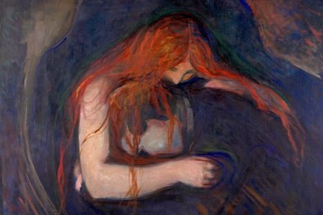 Edvard Munch's Love and Pain (1895), often referred to as Vampire. Munch is reported to have said it depicts a woman kissing a man's neck—nothing more. 