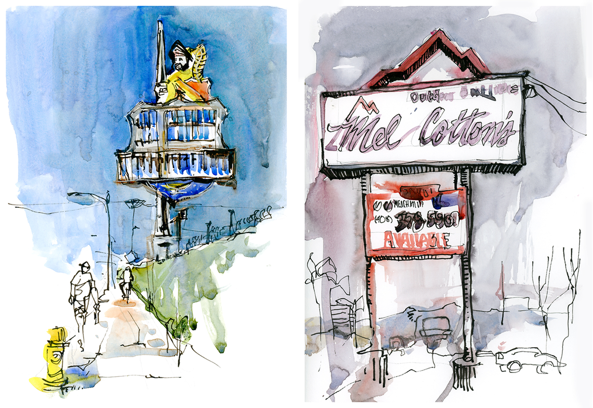 For signhunters, these quirky signs—promoting businesses like Mel Cotton’s Sporting Goods and the Bold Knight restaurant (rendered here by Shirodkar)—are more than just advertisements. They're landmarks and cultural touchstones.