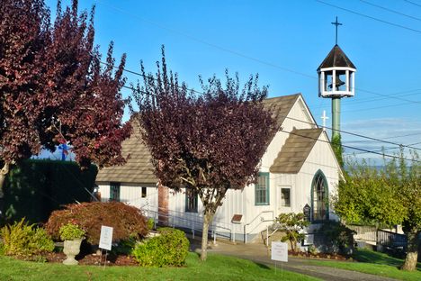 Old St. Peter's Church and bell tower, on its 150th anniversary in 2023.
