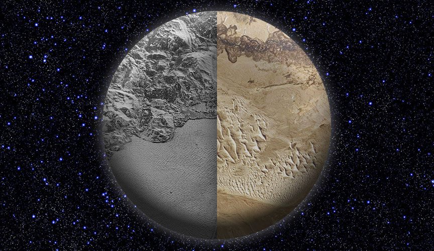 Pluto's slopes of windswept, frozen methane (left) recall mounds of sand on Earth's deserts and beaches (right).