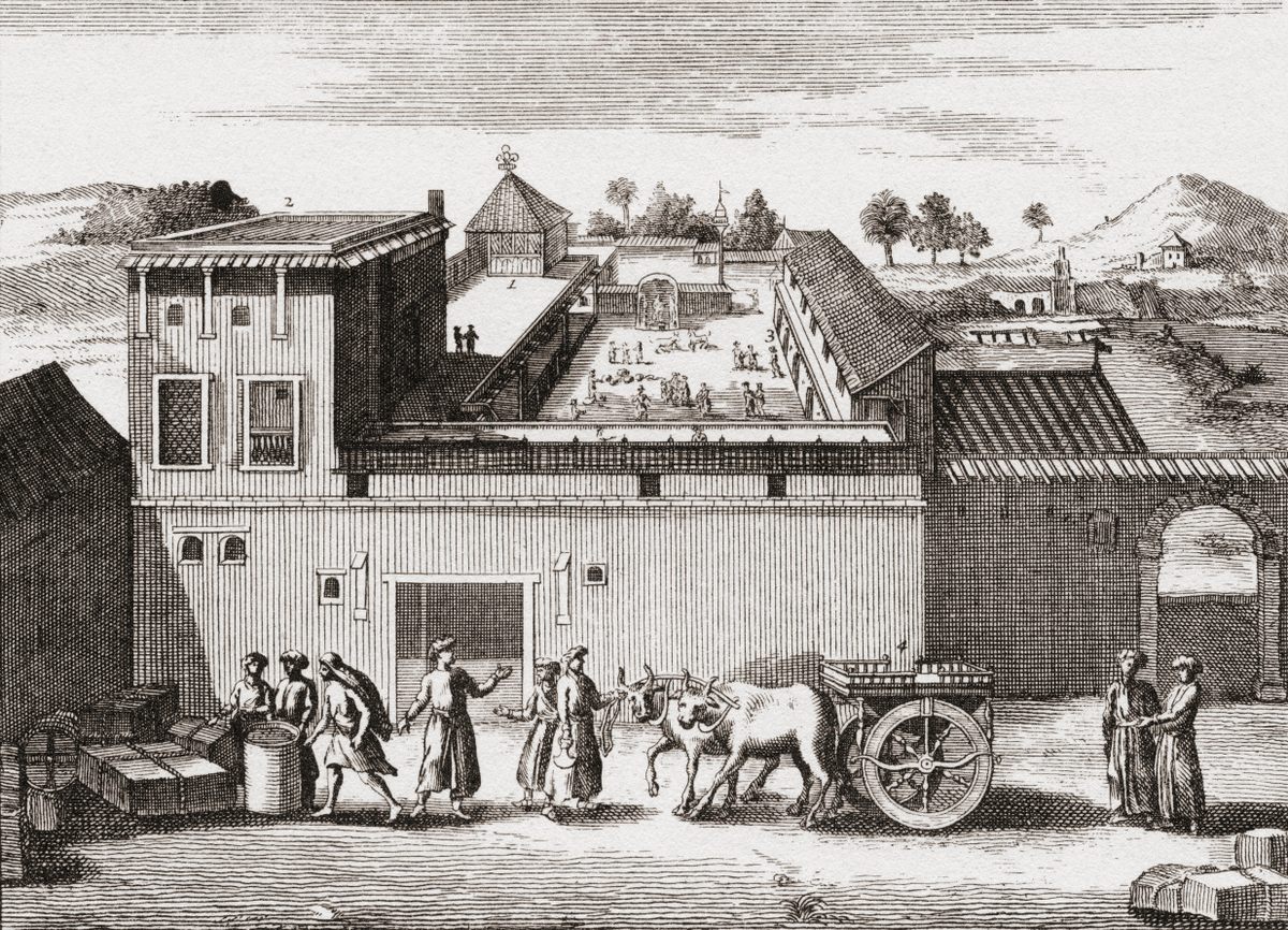 The trading post established by the British East India Company in Surat, India, c.1680.