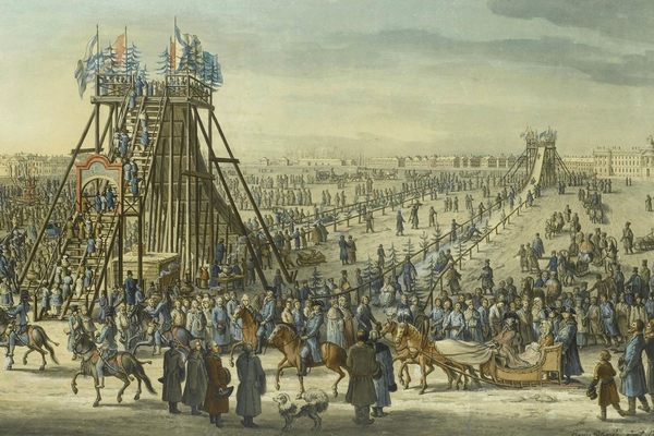 Catherine the Great dropped in to visit the "ice mountain" in St. Petersburg, depicted in this detail from an 18th-century painting by Benjamin Paterssen.  