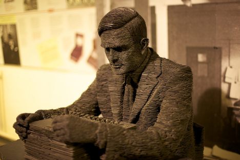 Alan Turing wasn't America's biggest fan (sculpture at the National Museum of Computing at  Bletchley Park).