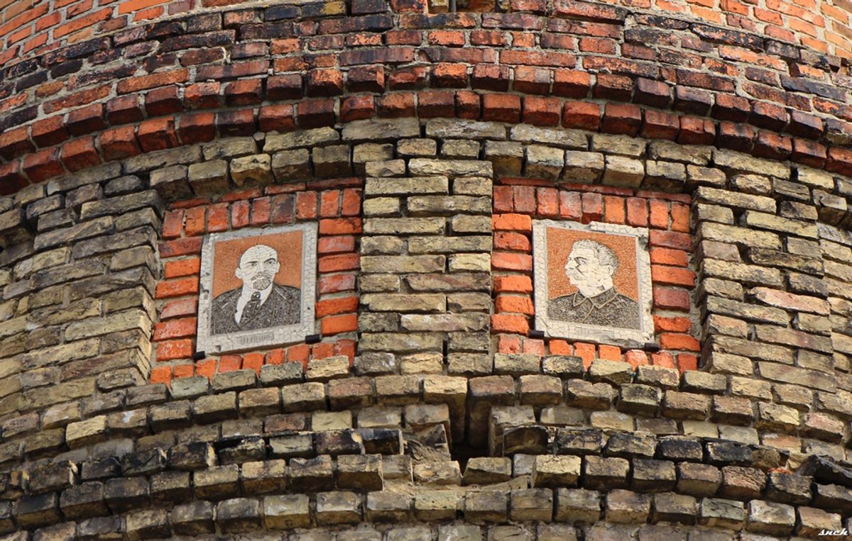 These mosaic portraits of the Soviet leaders Vladimir Lenin and Joseph Stalin have decorated a brick water tower in Novhorod-Siverskyi since the 1930s.
