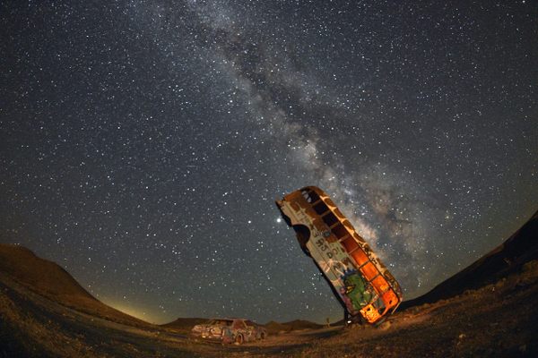 Two wonders: The Milky Way and the International Car Forest of the Last Church in Goldfield, Nevada (created by Mark Rippie and Chad Sorg). 