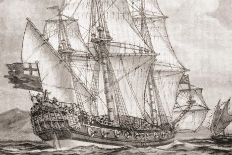 William Dampier aboard the HMS Roebuck surveys the New Guinea coast.