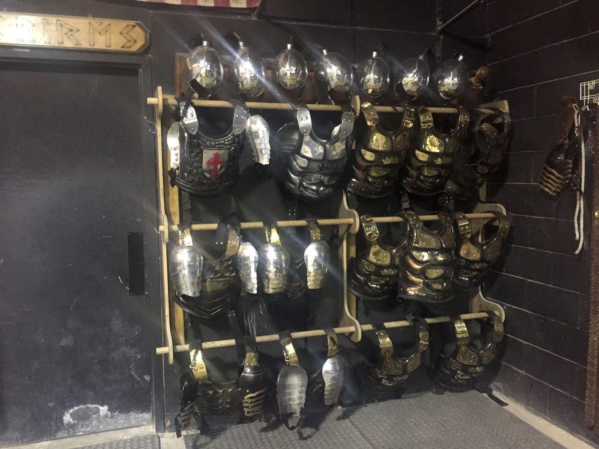 Each knight's armor weighs a total of about 20 pounds.