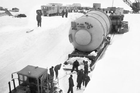 Part of a portable nuclear power plant arrives at Camp Century in 1960. 