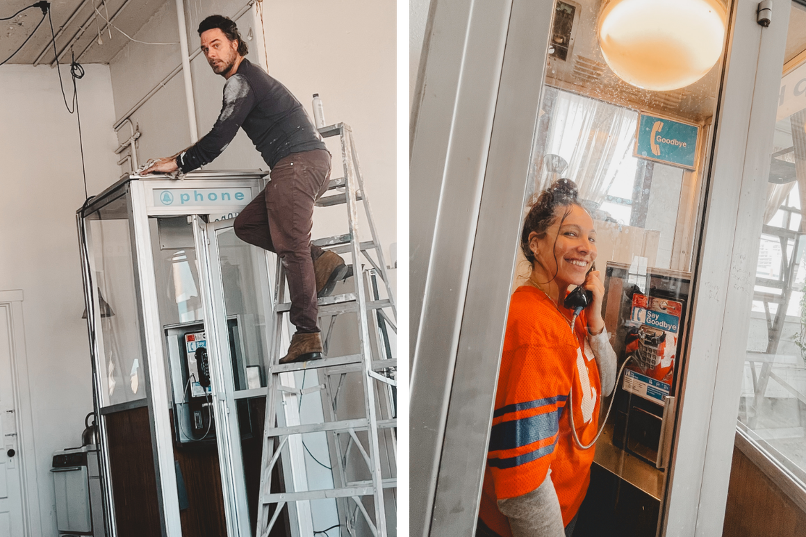 Left: Adam helping bring the booth back to life. Right: the finished booth as part of The Goodbye Line.