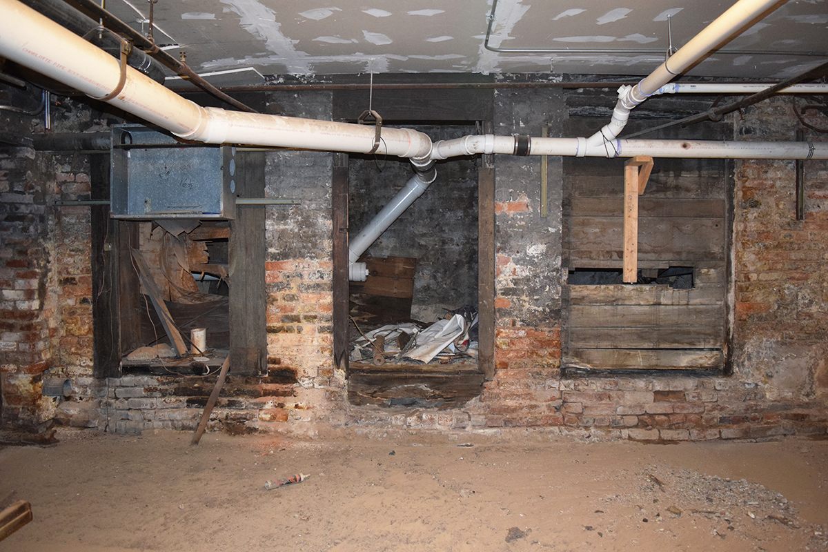 The doors on the north side of the Loveman's Building leading to a retaining wall. 