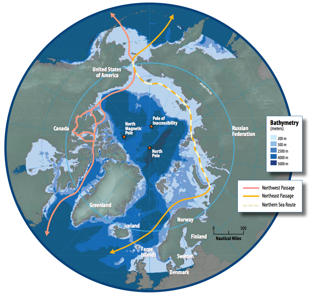 The dashed line going along the coast of Siberia is the Northern Sea Route.