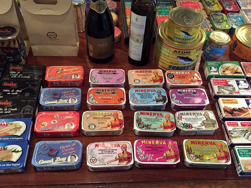 A colorful array of tinned fish.