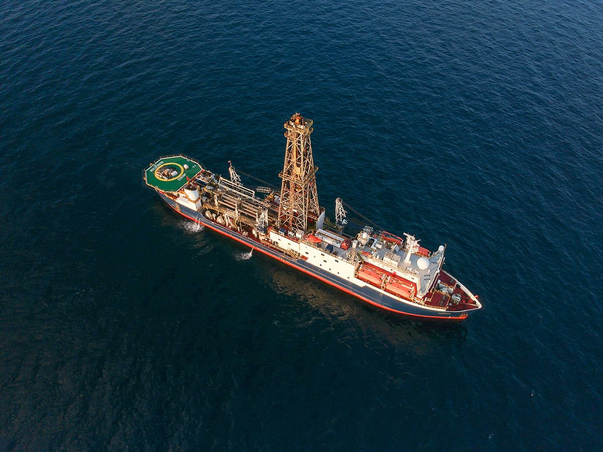 An aerial view of <em>JOIDES Resolution</em>, a ship that is used to collect seafloor cores. 