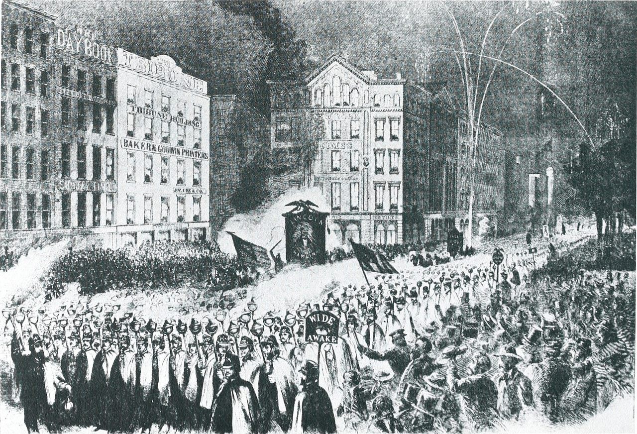 An illustration from <em>Harper's Weekly</em> of an October 1860 march by the Wide Awakes in New York City.