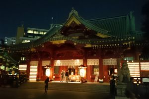 A nighttime view of the Kanda Myojin Shrine.