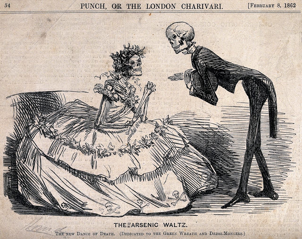 "The Arsenic Waltz" depicted the use of arsenic as a green pignment, from an 1862 issue of <em>Punch</em>. 