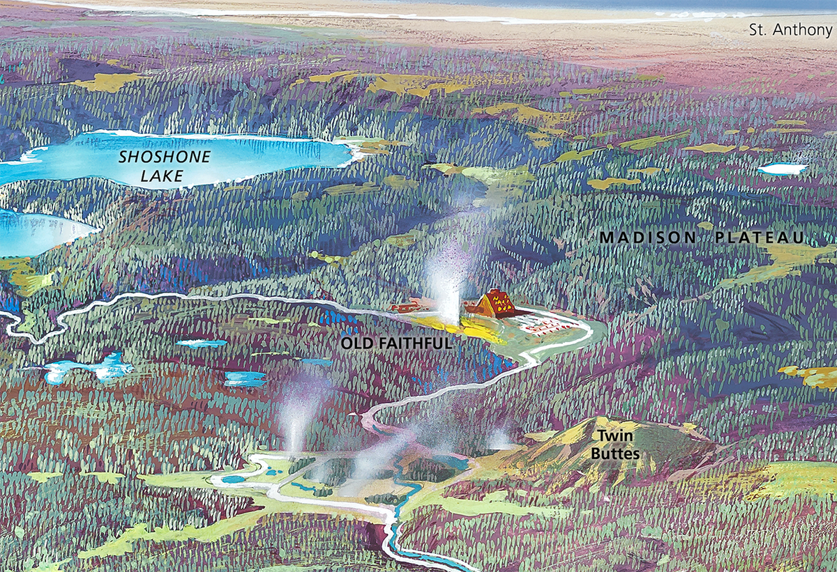 Berran tweaked the scale of some park fixtures, including Yellowstone's Old Faithful Inn, which would otherwise be too small to see.