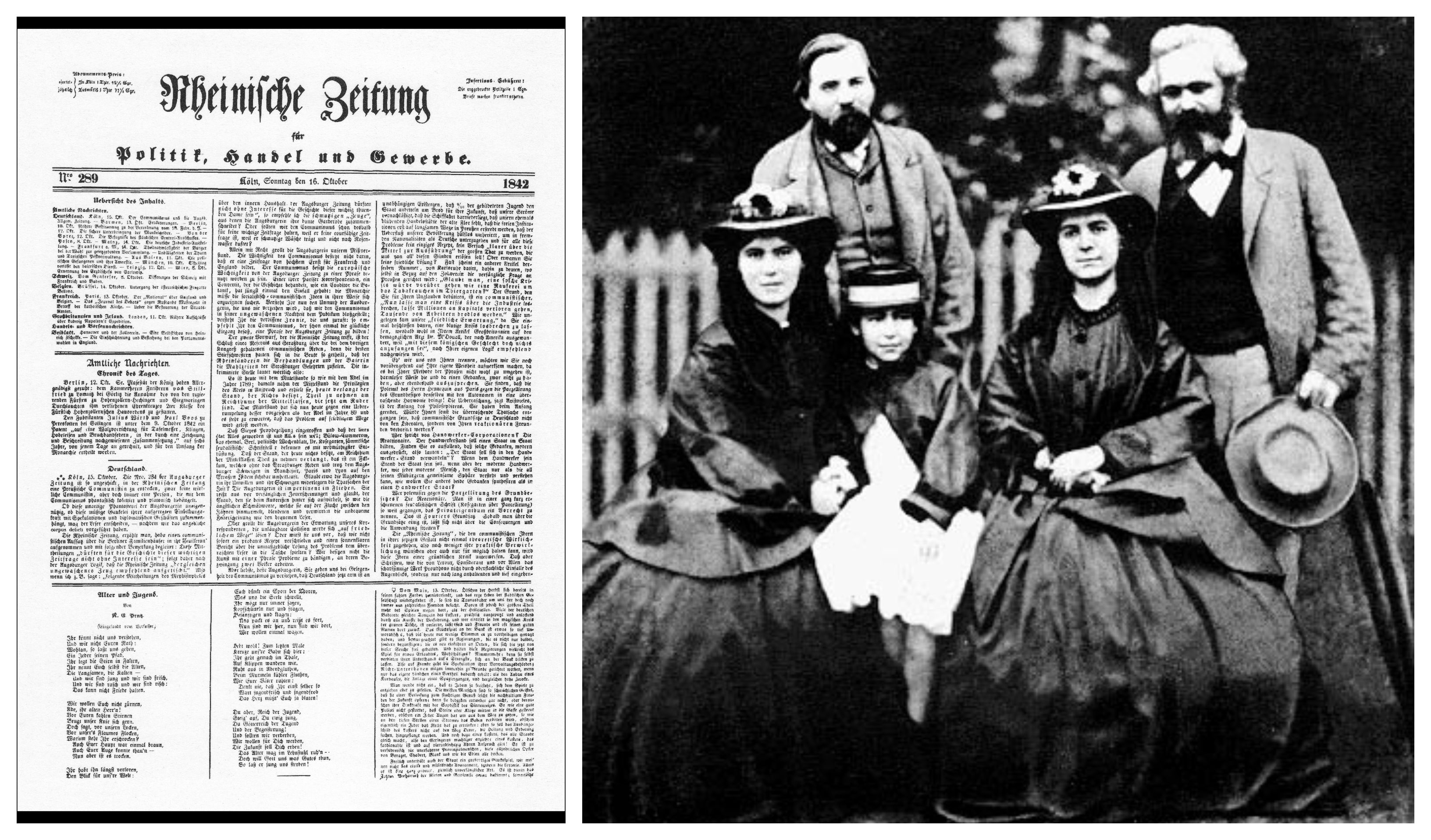 On the left, the <em>Rheinische Zeitung</em>; on the right, Marx, Engels, and Marx's daughters.