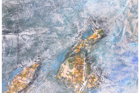 One in a series of maps created by Linda-Marlena Ross that illustrate rising sea levels and the ships in the polar seas.