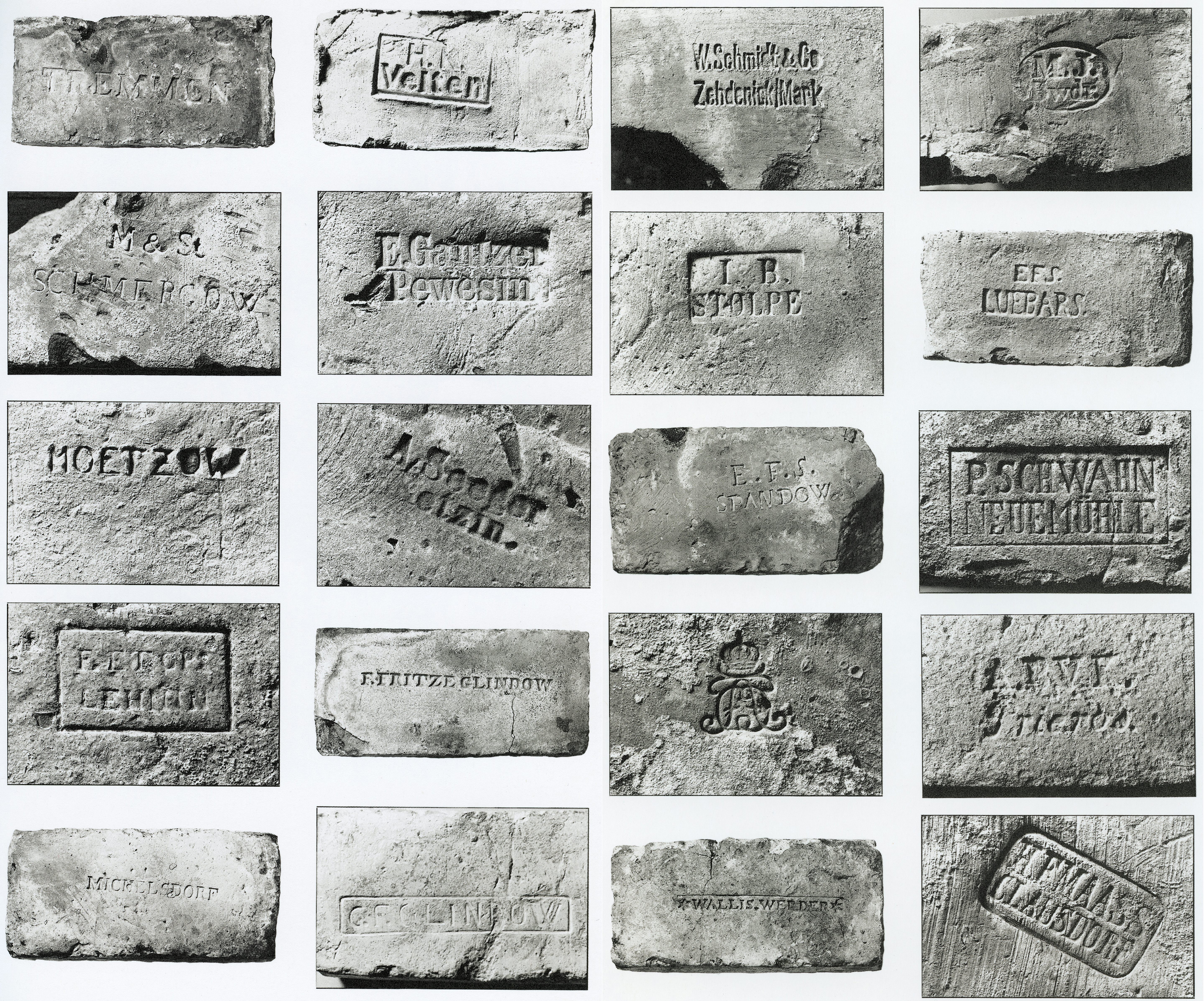 Most of the bricks made in the Brandenburg area have been stamped with the logo of the brickyard that made them.