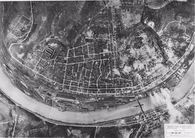 Aerial view of Donora and the American Steel and Wire complex, 1941.