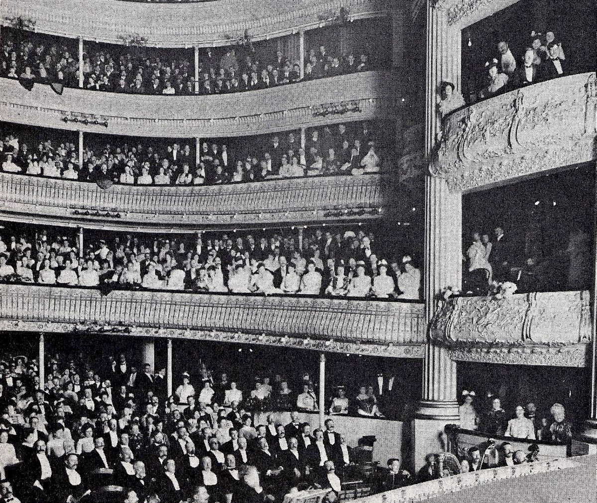 This 1901 photograph shows New Orleans's historic French Opera House with a packed house on the opening night of a new opera.