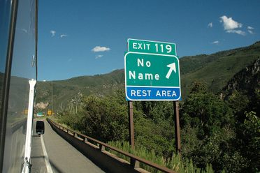 A sign for the town of No Name, Colorado. 