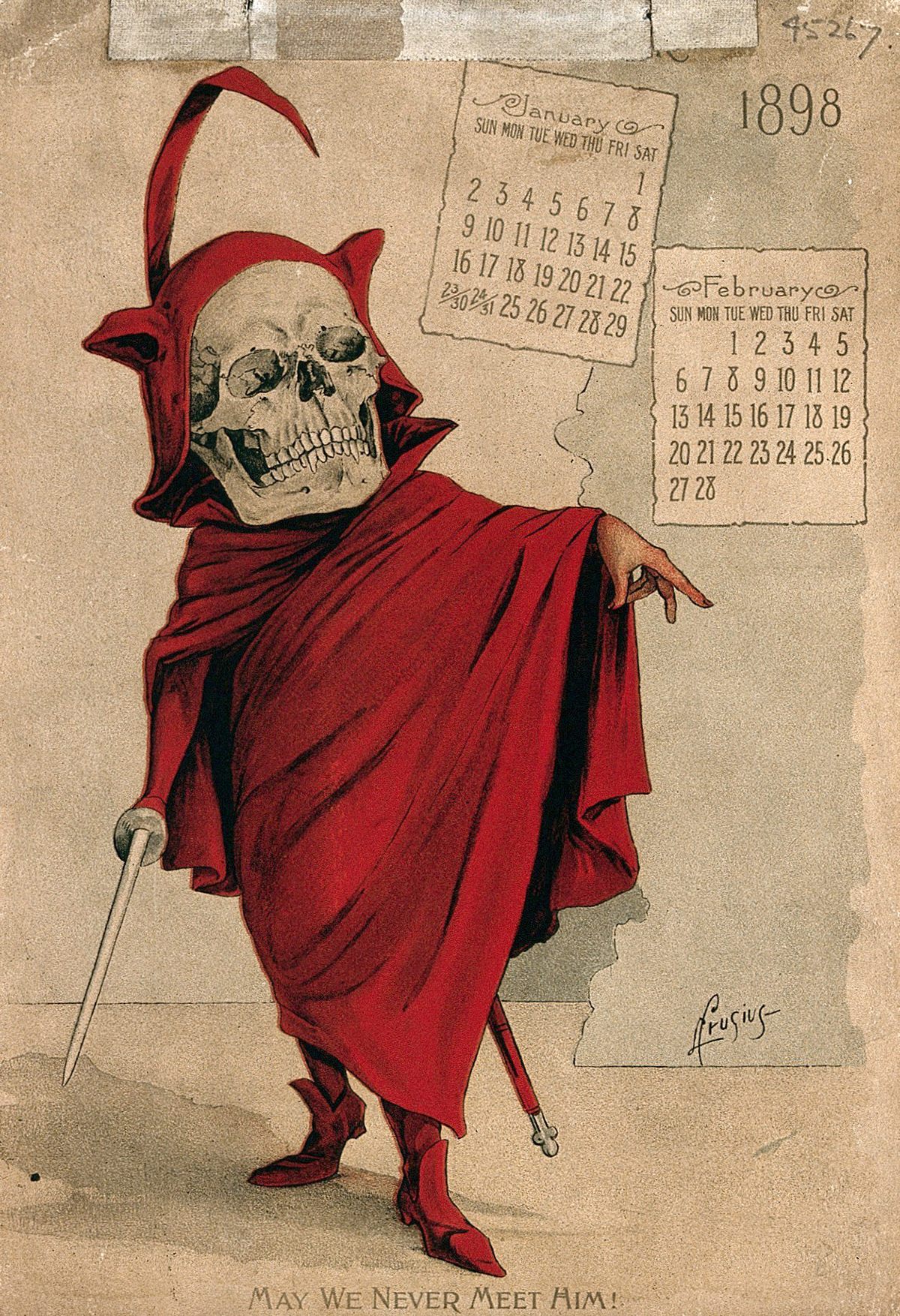 Page from the skeleton-themed calendar issued by the Antikamnia Chemical Company of St. Louis, Missouri, 1898. 