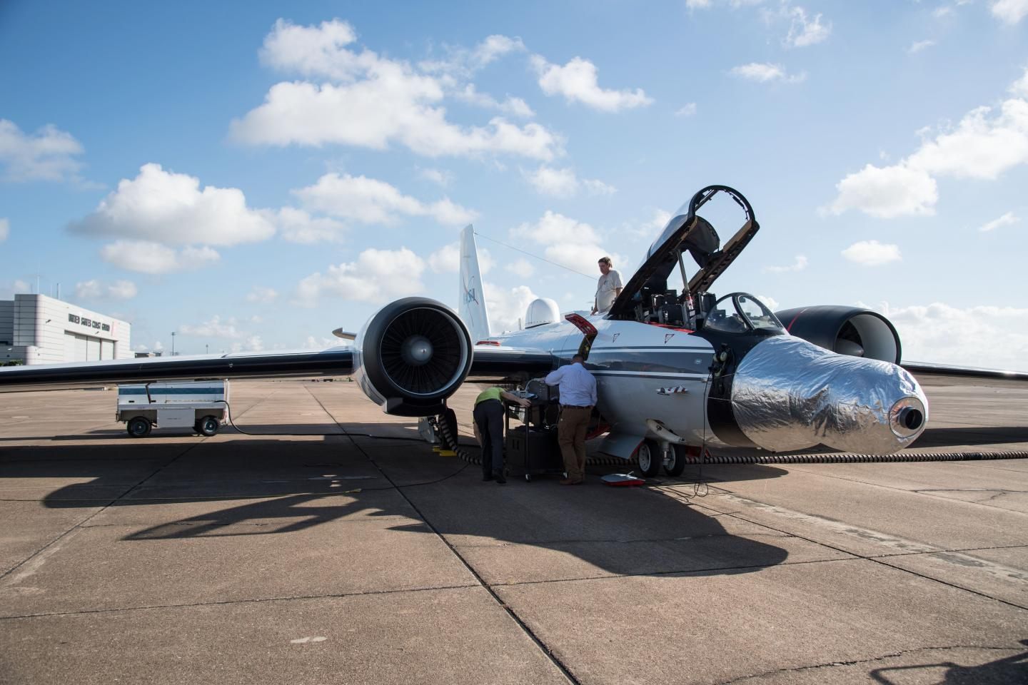 The silver nose of this WB-57 jet contains a telescope.