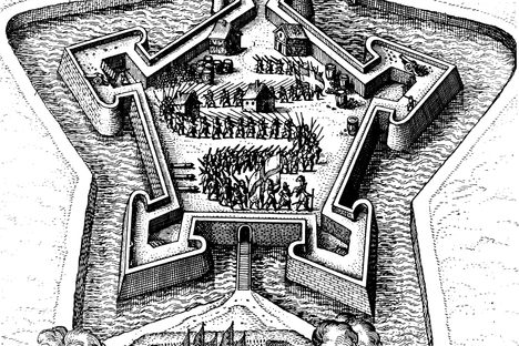 A 17th-century engraving depicts a star fort coming under siege.