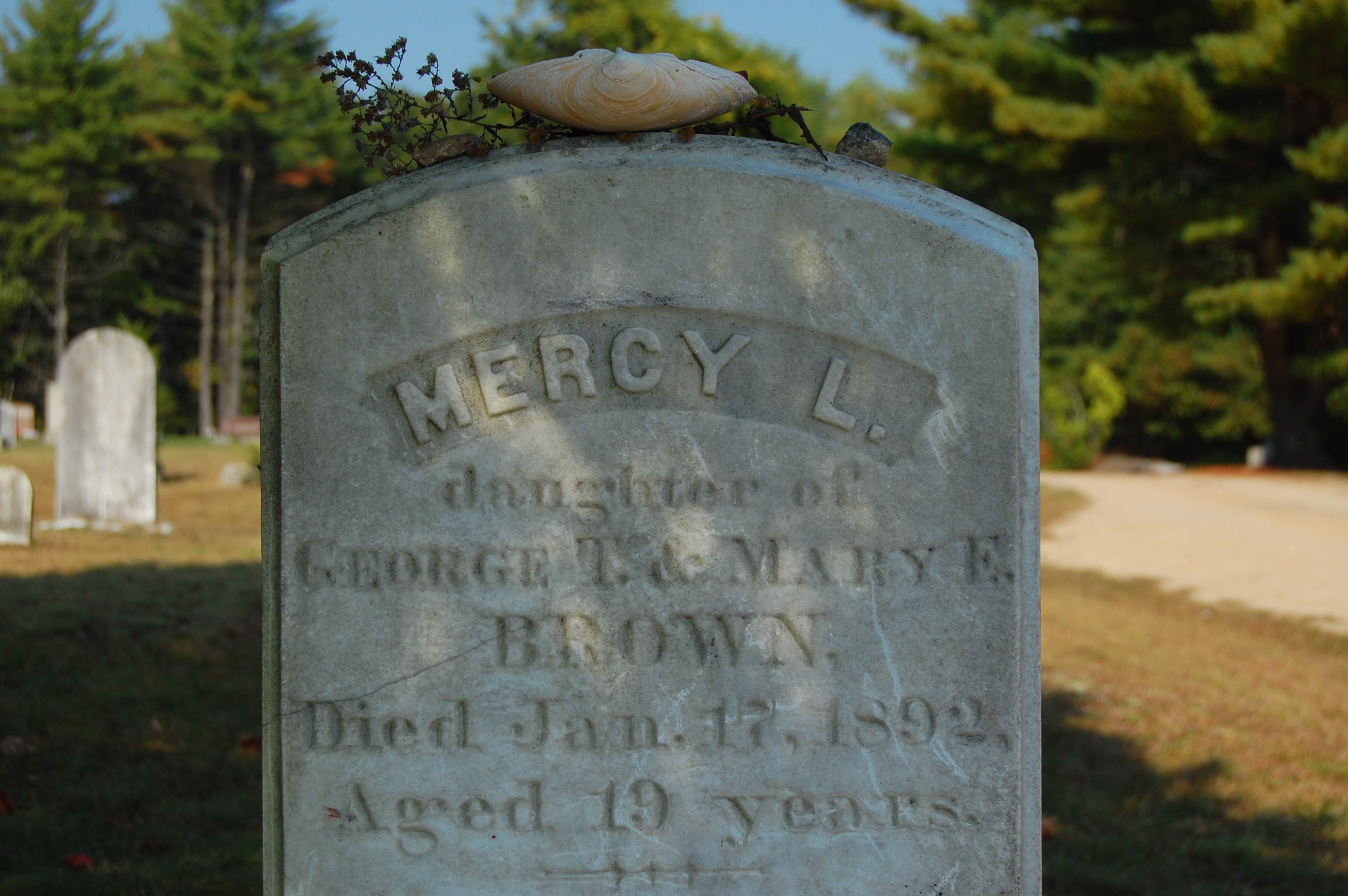 The grave of Mercy Brown, a young woman who died in Rhode Island 1892, probably of tuberculosis. Her body was desecrated when it was thought that she was feeding on the spirit of her ill brother. 