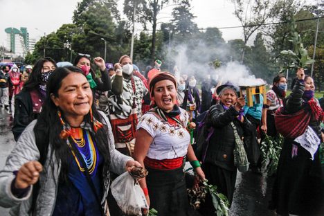 Women from Ecuador's Indigenous community perform in Quito on International Women’s Day 2021. 