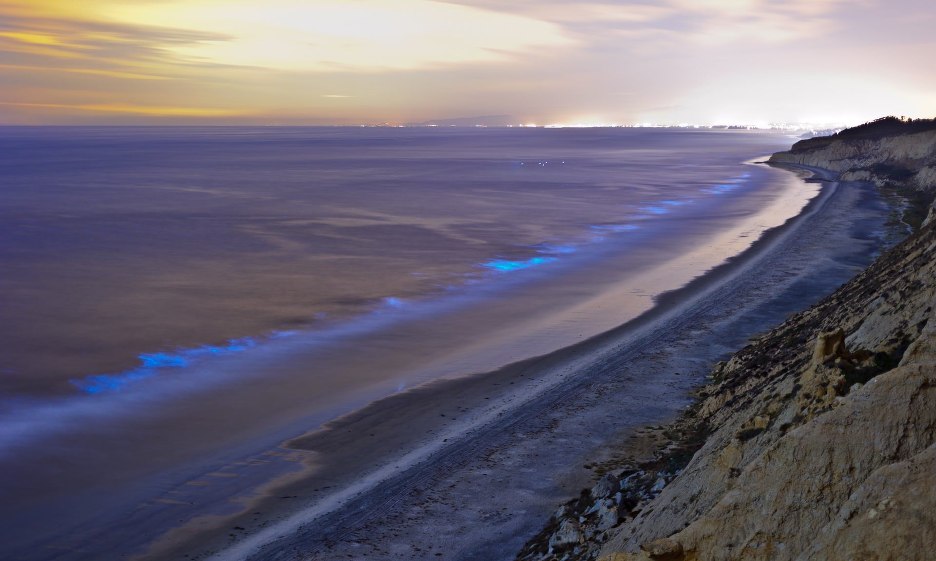 The glowing coastline seen from Torrey Pines state beach in San Diego, California. 