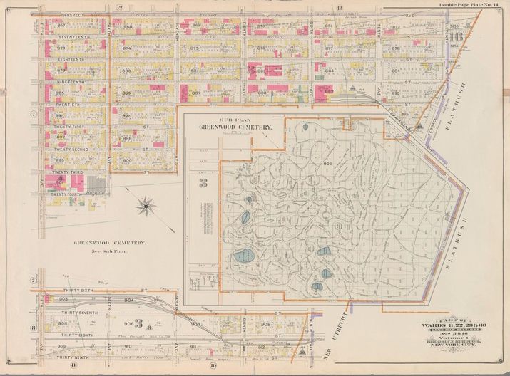 Map of Greenwood cemetery and surrounding streets, c. 1899