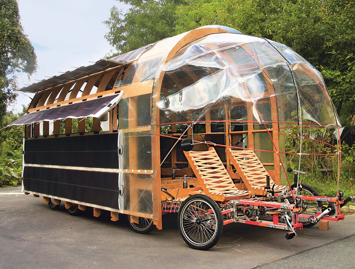 This cargo bike, called the 8rad2 Solar, has eight wheels, two drivers and can be used to transport cargo or as a mobile home. (Nico Jungel, Germany, 2015).