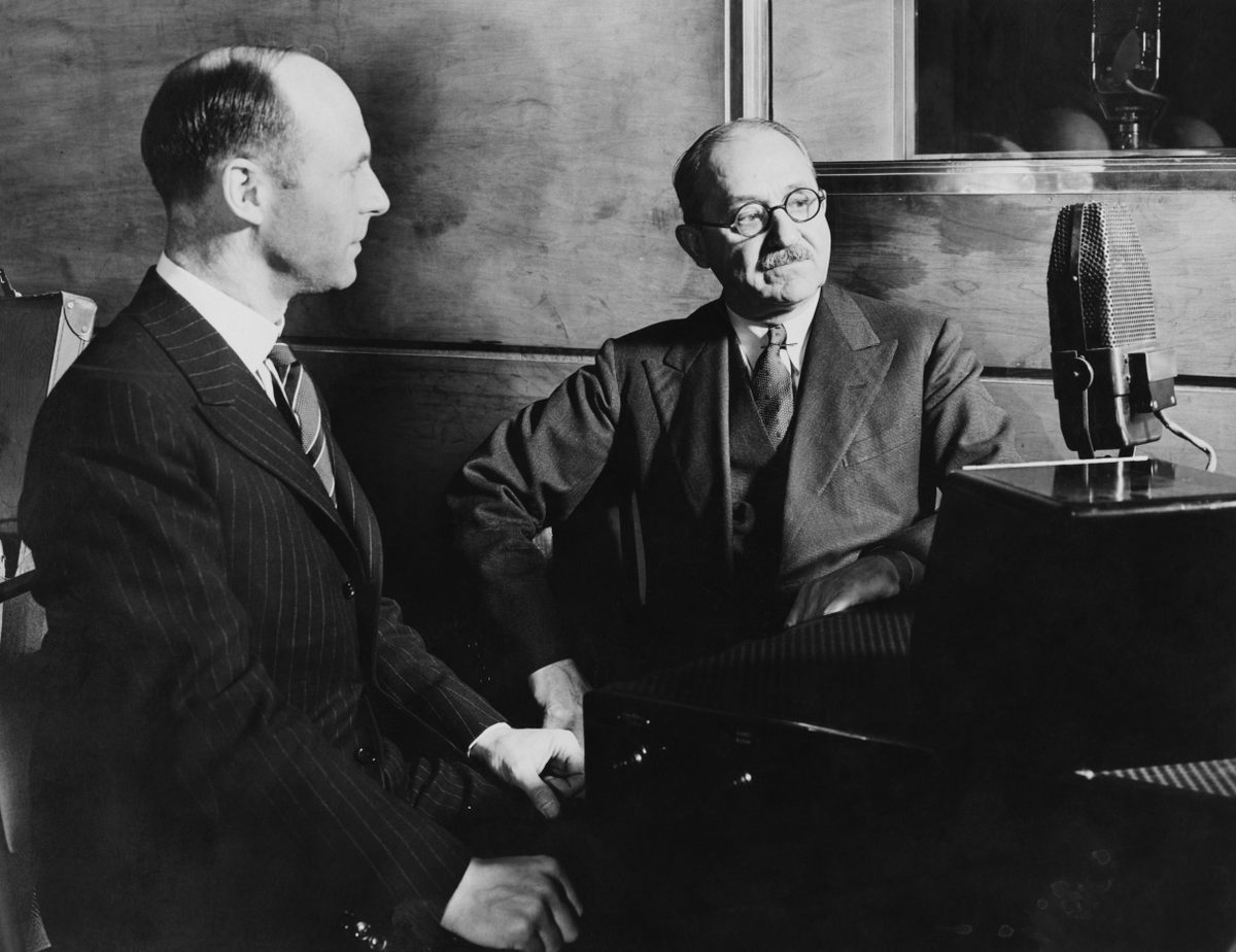 Sound engineering pioneer Fred Gaisberg (right) and a colleague prepare for a guest spot on a radio show in 1937.