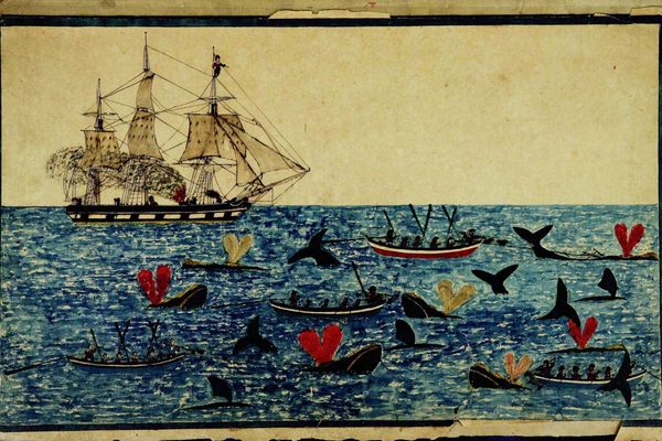 A whale chase depicted in the log of the ship Washington kept by James G. Coffin in the early 1840s.